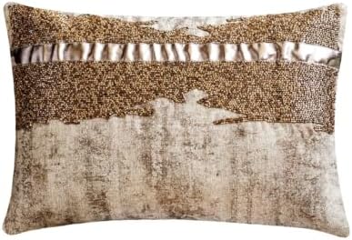 The HomeCentric Decorative Gold Pack of 2, 12"x26" (30x65 cm) Lumbar Pillow Cover, Linen Foil Faux Leather & Beaded Oblong Pillow, Abstract Pattern Modern Style - Halycon Gold by TheHomeCentric