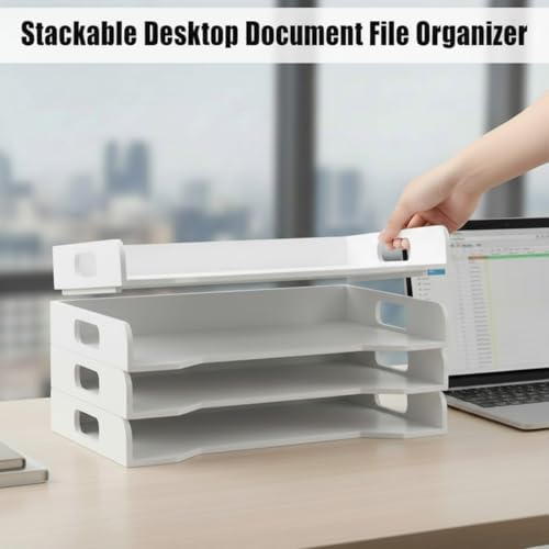 Yinkin Wooden Stackable Paper Trays 4-Tier Wooden Paper Organizer for Desk Letter Documents Woodens Desktop File Organizers for Desktop File Holder and Office Supplies Rack for Home Office Use(White) - Image 5