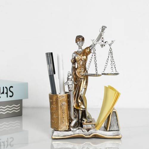 Lady Justice Statue Pen Holder Greek Roman Goddess of Justice Pen Stand Resin Figurine for Home Decor Law Office Desk Decor Ideal Gift for Lawyer Friends(Gold and Silver) - Image 3