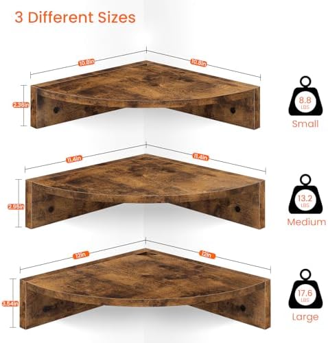 Homode Corner Shelf Wall Mount, Set of 3 Floating Corner Shelves with Cord Hole, 3 Tier Wood Wall Display Shelf, Storage for Bathroom Living Room Kitchen Bedroom, Rustic Brown and Black - Image 3