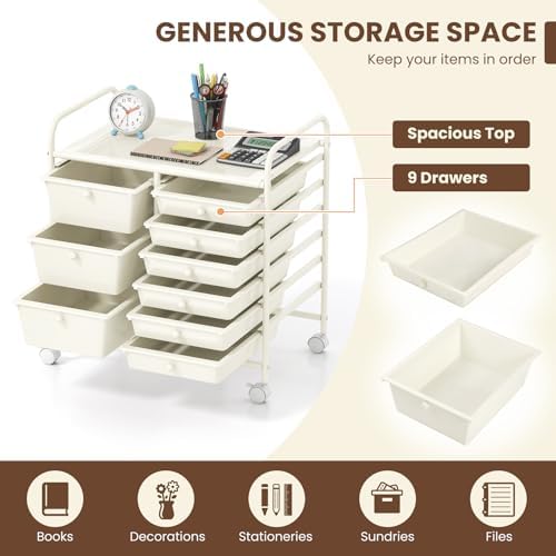 LDAILY 9 Drawer Rolling Storage Cart, Rolling Cart with Drawers for Classroom, Art Supply Craft Organizer on Wheel with Metal Frame & Handles for Home Office School - Image 6