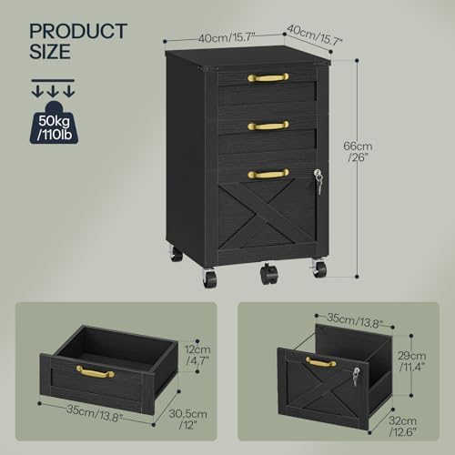 HOOBRO 3 Drawer File Cabinet with Lock, Mobile Farmhouse Filing Cabinet for A4/Letter Size, Under Desk Rolling Office Cabinet, Printer Stand with Storage for Home Office, Black BK67WJ01 - Image 3