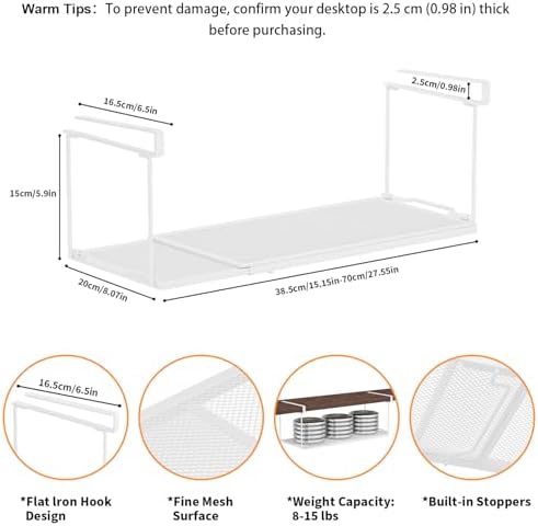 2 Pack Expandable Under Cabinet Shelf, Under Shelf Storage with 0.94 Inches Thick Clips for Kitchen Cupboard, Metal Hanging Under Desk Basket for Laundry Room, Shoe Rack - Image 3