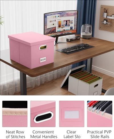 Oterri 2 Pack File Storage Organizer Box,Filing Box,Portable File Box with Lid,Fit for Letter/Legal File Folder Storage, Pink(Leather)-Box only - Image 5