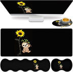 Large Gaming Mouse Pad, Keyboard Wrist Rest pad + Mouse Wrist pad + Coaster Set Extended Waterproof Non-Slip Table mat Suitable for Home Office Learning Games - Sunflower and Sloth by HTTYYTRYT