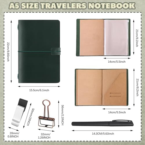 Traveling Refillable Leather Journal Notebook, Green, A5 Size - Image 2