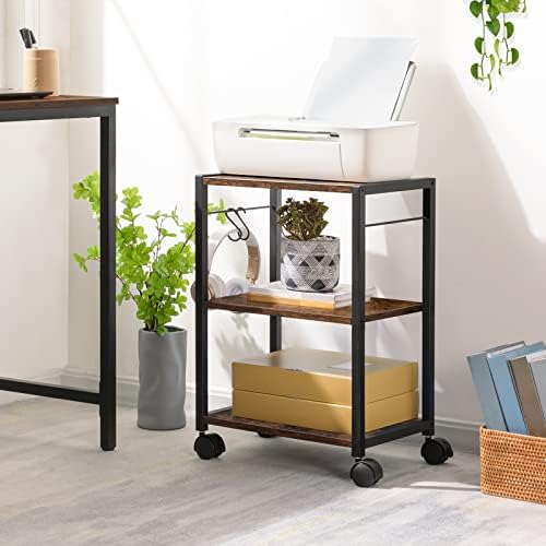 MAHANCRIS Printer Stand, 3-Tier Under Desk Rolling Cart with Storage Shelf, Heavy Duty Printer Table with Wheels for Home and Office, Printer Shelf with 2 Hooks, Small Spaces, Rustic Brown PTHR4001Z - Image 6