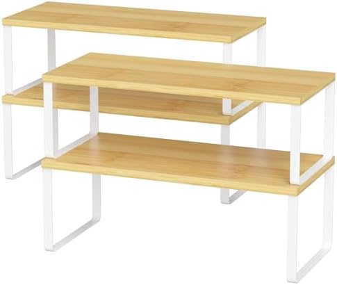 NEX Kitchen Cabinet and Counter Shelf Organizer, Stackable & Expandable, Set of 4, White and Natural - 7.7 x 15.6 x 6.2'' by NEX