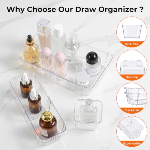 UFORU 14 Pcs Adjustable Clear Drawer Organizer for Makeup Bathroom DIY Desk - Image 4