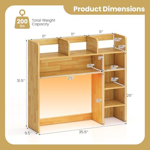 Tangkula Desktop Bookshelf with LED Lights, Desk Hutch with 8 Shelves for Max 25" Monitor, Desktop 5-Tier Display Rack, Wood Desktop Storage Hutch Organizer for Dorm Office Home, Burlywood - Image 3