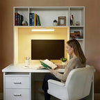 3 Tier Desktop Bookshelf with Rechargeable Eye-Friendly LED Desk Light, Desk Hutch Organizer with 5 Shelves, Wooden Desk Bookshelf for Office, Dorm and Small Space, White - Image 3