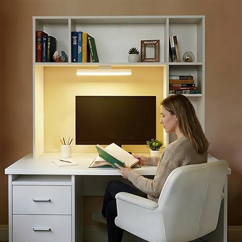 3 Tier Desktop Bookshelf with Rechargeable Eye-Friendly LED Desk Light, Desk Hutch Organizer with 5 Shelves, Wooden Desk Bookshelf for Office, Dorm and Small Space, White - Image 3