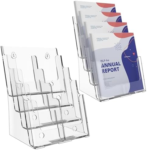 Brochure Holder 8.5x11 Inch 4 Tier with Removable Divider for 4x9 inch Clear Acrylic Pamphlet Display Stand Holder Countertop Use or Wall Mount for Office, Lobby, Hotel, Trade Show, 2 Pack by HLF-ho