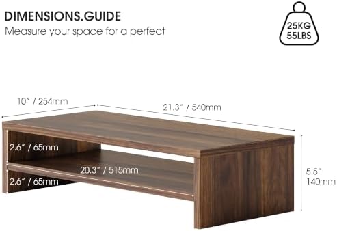 FITUEYES Wooden Monitor Stand Riser, 2-Tier Desk Storage Shelf, Brown - Image 3