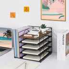 LEKETREE Desk Organizers and Accessories, 5-Tier Paper Letter Tray Organizer with File Holder, Desktop Organizer for Office Supplies (Wood) - Image 5