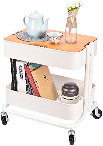 Melody House 2-Tier Metal Utility Rolling Cart Storage Side End Table with Cover Board for Office Home Kitchen Organization, Cream White by MelodyHouse