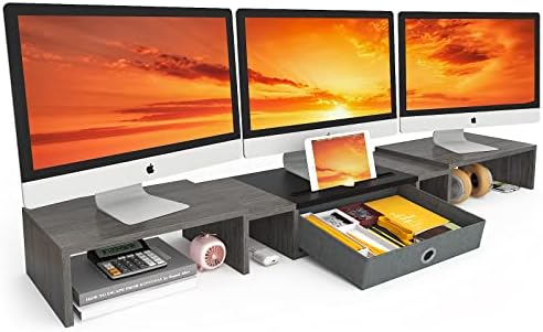 WESTREE Triple Dual Monitor Stand Riser with Drawer,Extra Large Adjustable for 2~3 Monitors,Solt for Phone & Tablet, Desktop Organizer Stand for Computer,Laptop,Printer,TV by WESTREE
