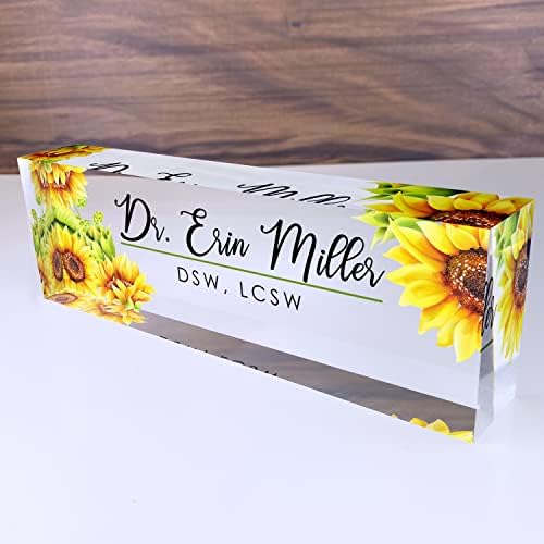 Artblox Office Desk Name Plate Personalized | Custom Name Plates for Desks | Sunflowers Design On Clear Acrylic Glass | Office Desk Decor - (8" x 2.5") by Artblox