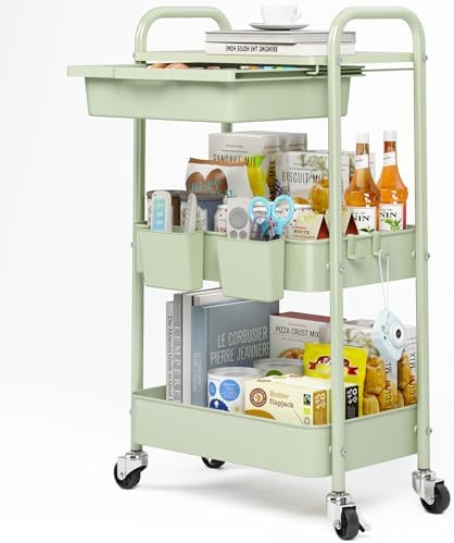 KINGRACK 3 Tier Metal Rolling Cart with Drawer, Green Utility Storage Cart by KINGRACK