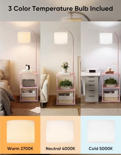 PARTPHONER Floor Lamp with Table, Night Stand with Lamp, Narrow Side Table with 3CCT LED Bulb, Small Coffee Table, Modern End Table with Storage Shelves for Living Room Bedroom Home Décor Pink - Image 3