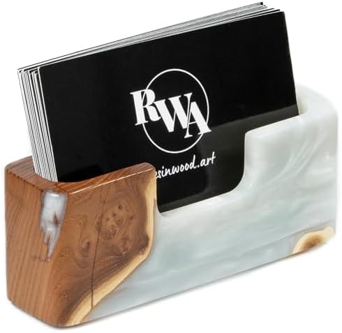 RWA Business Card Holder – Luxury Square Desk Organizer, Stylish Office Decor, Slim Card Holders - Wood & Epoxy Card Display Stand for Men and Women, Office Desk Accessories - SMART, platinum by RWAresinwoodart
