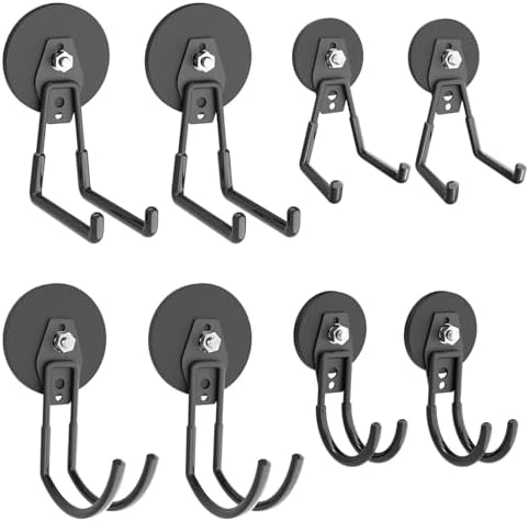 Heavy Duty Magnetic Hooks - Anti-Slide Garage Hanger, Magnetic Mounting for Garden Tools, Hose, Power Drill, Steel Pegboard, Workshop (8 Pack) by AplysiaTech