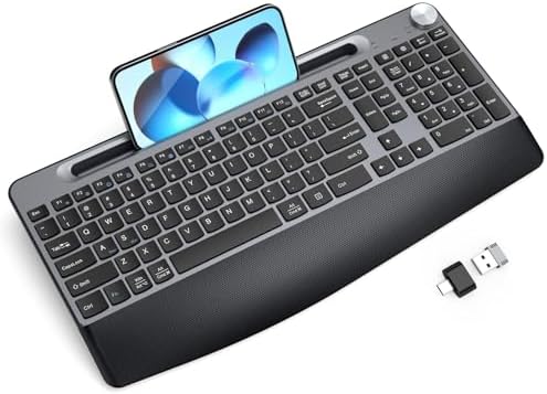 GAMCATZ Ergonomic Wireless Keyboard with Wrist Rest-Low-Profile,Phone/Tablet Holder,Quiet Design，Windows & Mac OS，Full Size Cordless USB Computer Keyboard for Desktop,Laptop, PC, Mac, Windows-Black by WirelessKeyboardAndMouse