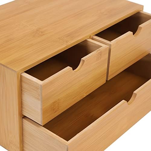 Bamboo Desk Organizer Small Retro Bamboo Tabletop Storage Box with Drawers& Recess Handles for Office Home Supplies Table Storage Collector 13 * 7.5 * 6in (3 Drawers/2 Top&1 Bottom) - Image 7