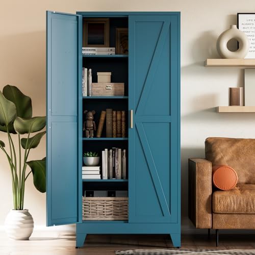 COFaR Home Farmhouse Storage Cabinet with Barn Door, Tall Kitchen Pantry Cupboard with Adjustable Shelves, for Dining Room, Bathroom, Living Room Blue. by COFAR