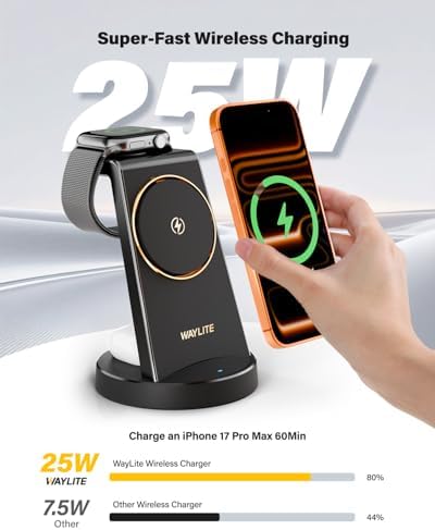 3 in 1 Fast Charging Station for iPhone, 25W Wireless Magnetic Phone Charger for iPhone 17 16e 16 15 14 13 12 Serise, Watch Charger Stand, Wireless Charging Station for AirPods 4 3 Pro, Black - Image 3