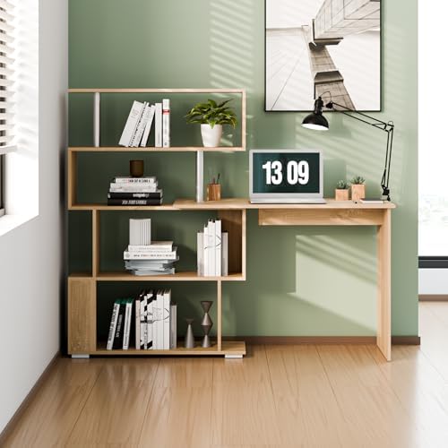 Mondeer Corner Desk, L Shaped Desk with Rotatable Storage Shelves, Oak - Image 5