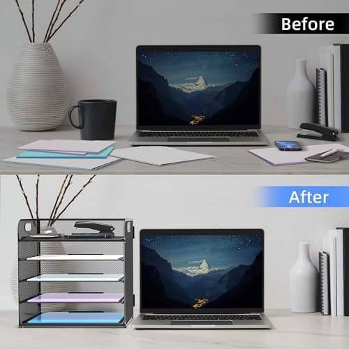 Supeasy 2 Pack 5-Tier Desk Organizer with Handle Mesh Desk File/Paper Organizer Letter Tray for Office, School, Classroom and Home Easy Installation, Black - Image 4