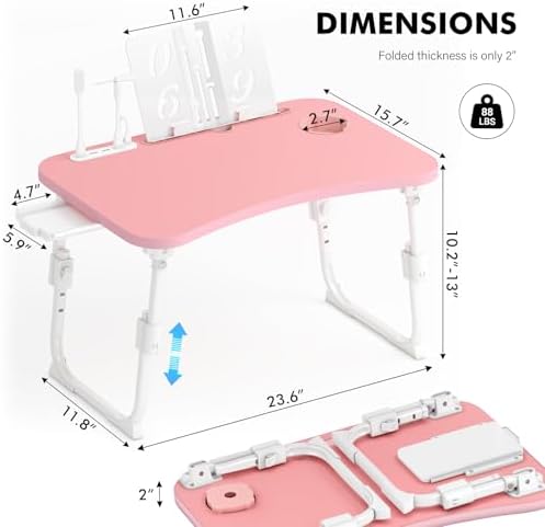 Lap Desk for Bed Adjustable Height, Foldable Bed Table with Storage Drawer, Tablet Slot & Cup Holder, Portable Laptop Stand for Bed & Sofa, Bed Desk for Adults & Kids, Pink - Image 3
