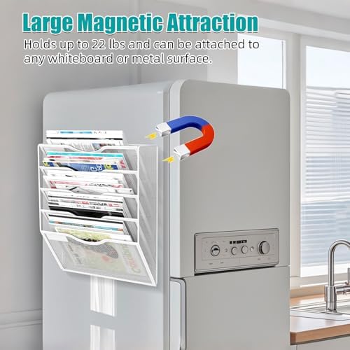 5-Tier Magnetic File Organizer, No Drilling Installation, White Magnetic Paper Holder, Magazine Rack for Refrigerator and File Cabinets - Image 2