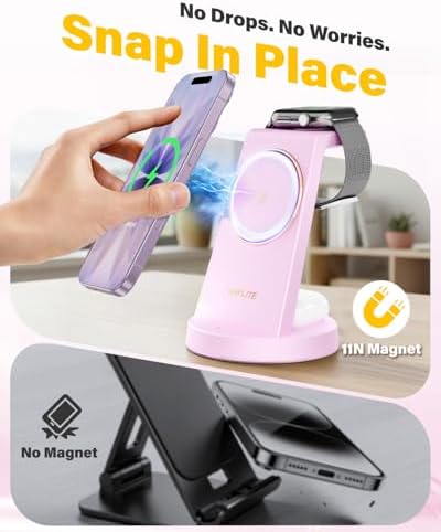 3 in 1 Fast Charging Station for iPhone, 25W Wireless Magnetic Phone Charger for iPhone 17 16e 16 15 14 13 12 Serise, Watch Charger Stand, Wireless Charging Station for AirPods 4 3 Pro, Pink - Image 5