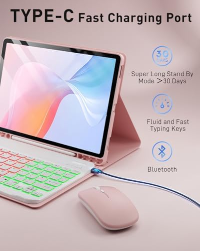 Case Keyboard for Samsung Galaxy Tab S10 Lite / S10 FE / S9 FE / S9 / S8 10.9-11 inch Cover - 7 Color Rainbow Change Backlit Detachable Magnetic Keyboard with S Pen Holder with Mouse - Pink - Image 4