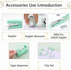 Office Supplies,Green Desk Accessories,Stapler and Tape Dispenser Set with Stapler,Tape Dispenser,Staple Remover,Staples,Clips,Scissors and Tabs,Gift for Student,Teacher,Coworkers,Business,Gift 9pcs - Image 2