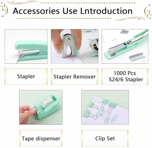 Office Supplies,Green Desk Accessories,Stapler and Tape Dispenser Set with Stapler,Tape Dispenser,Staple Remover,Staples,Clips,Scissors and Tabs,Gift for Student,Teacher,Coworkers,Business,Gift 9pcs - Image 2