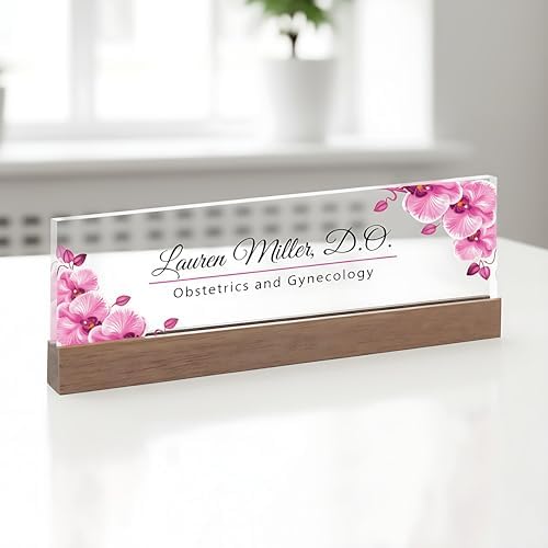 ARTBLOX | Personalized Name Plate Pink Orchid V2 Clear Acrylic | for Desk with Business Card Holder by Artblox