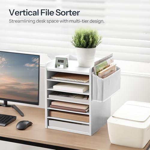HOOBRO Adjustable Countertop Mail Sorter, 6 Tier Wooden Paper Organizer, Vertical Literature Organizer with Side Storage, Office Mailbox Cubbies, Classroom Mailbox, for Home, Office, White WT34WF01 - Image 3