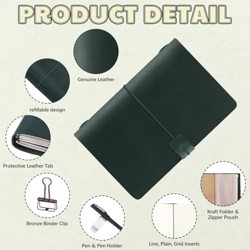 Traveling Refillable Leather Journal Notebook, Green, A5 Size - Image 3