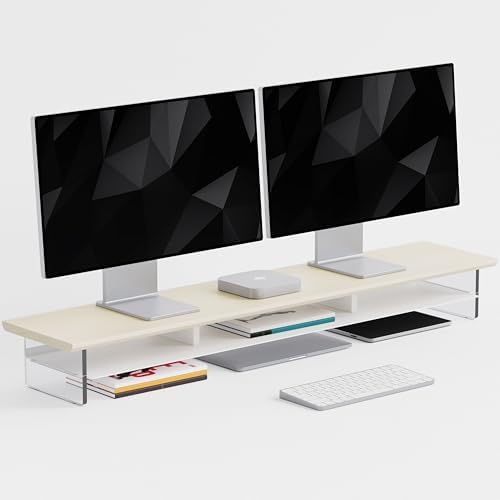 FENSULN Dual‑Tier Monitor Stand for Modern Desk Setup – Minimalist Wooden and Metal Riser Shelf with Transparent Acrylic Feet for Dual Monitors, Laptops, Home Office Aesthetic，Beige and White by FENSULN