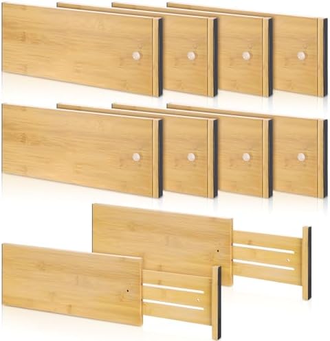 DoubleFill 8 Pcs Deep Bamboo Drawer Dividers, Deep Kitchen Dresser Drawer Organizer with Spring Loaded for Clothes, Adjustable Expandable from 15-22 Inch (Wood Color,6 Inch) by DoubleFill