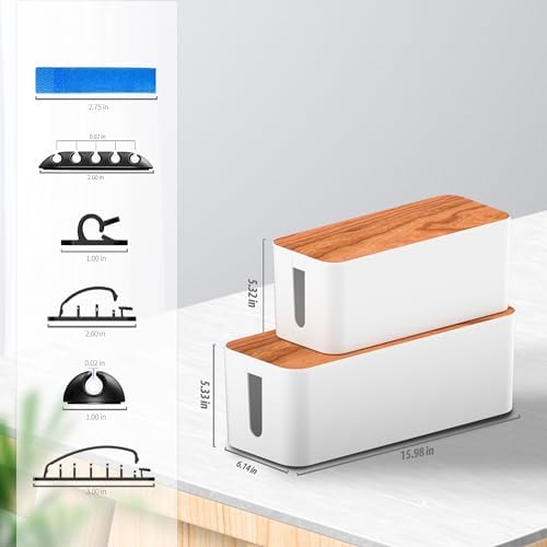 Cable Management Box 2 Pack with 16 Cable Clips Set-Large & Medium & Small Wooden Style Cable Organizer Box to Hide Wires&Power Strips | Cord Organizer Box | Cable Organizer for Home & Office [White] - Image 2