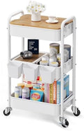 3 Tier White Rolling Cart with Wood Table Top,Metal Storage Organizer Carts by Unknown