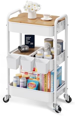 3 Tier White Rolling Cart with Wood Table Top,Metal Storage Organizer Carts by Unknown