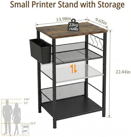 ECOLOVI Small 3 Tier Printer Stand for Under Desk, Height Adjustable Shelf Printer Table with 3 S-Hooks & Basket, Heavy Duty Industrial Storage Shelf for Home Office (Rustic Brown) - Image 2