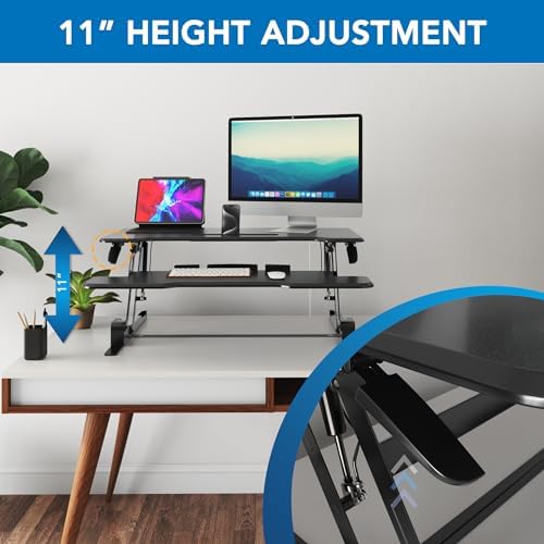 Mount-It! 38 Inch Standing Desk Converter - Gas Spring Sit Stand Desk Riser for Dual Monitors - Height Adjustable Desktop Workstation with Keyboard Tray - Black - Image 5