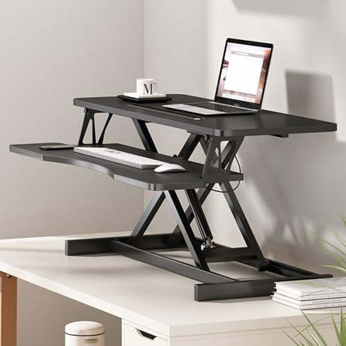 32 Inch Adjustable Standing Desk, Dual Monitor Sit Stand Desk with Wide Keyboard Tray for Table Home Office (Black) - Image 3