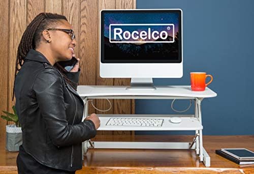 Rocelco 32" Height Adjustable Standing Desk Converter - Quick Sit Stand Up Dual Monitor Riser - Gas Spring Assist Tabletop Computer Workstation - Large Retractable Keyboard Tray - White (R ADRW) - Image 4